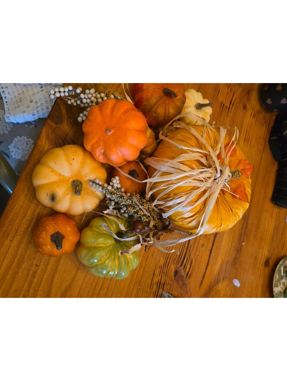 Autumn Harvest Decorative Pumpkin and Gourd Set with Raffia and Berries